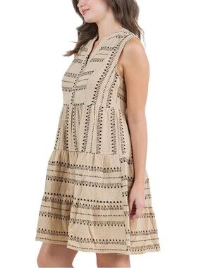 Sleeveless Beige Tiered Summer Dress with Black Stripe Detail